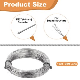 HARFINGTON 304 Stainless Steel Cable Wire Rope Kit 100FT (30M) Long 1/32" (0.8mm) Dia 7x7 Strand Core with 30pcs Loop Sleeve for Deck Railing System Outdoor Hanging Kit Garden Fence