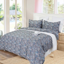 Softta Vintage 100% Cotton Shabby Flower Cal King Size 3Pc Duvet Cover Set Dark Style Bedding Set Chic Boho Paisley Bedding Collection Blue&Gray