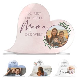 CHRISCK design Acryl Glasherz mit Foto & eigenem Text | Fotogeschenk als Muttertagsgeschenk für Mama o. Geschenkidee Freund Freundin Schwester | Fotoständer aus Acrylglas zum Aufstellen