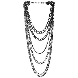 COOLSTEELANDBEYOND Black Statement Necklace Waterfall Multi-Strand Curb Link Rolo Chains, Punk Rock Cool, Metal, No Gemstone