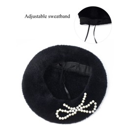 Womens Black Beret Hat, Winter Classic French Beret with Pearls Bow for Ladys