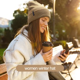 Ocatoma Beanie for Men Women Acrylic Knit Cuffed Slouchy Men's Daily Warm Hat Toque Unisex Gifts for Men Women Boyfriend Him Beige