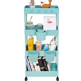 AYVANBER 4 Tier Slim Rolling Utility Kitchen Cart Bathroom Organizer for Narrow Places Multipurpose Storage Shelve Mobile Trolley for Bedroom Laundry Office Restaurant Garage Pantry (Teal)