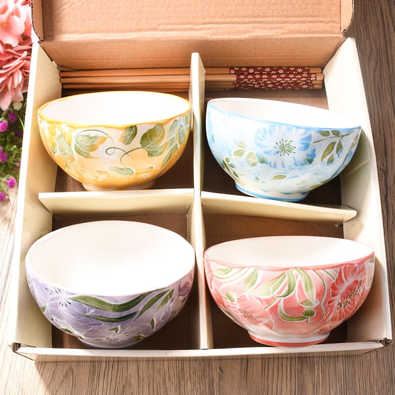Ceramic Rice Bowl with Chopsticks Set of 4, 4.5'' Cereal