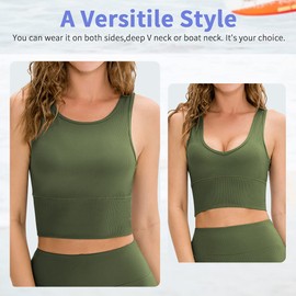 UD Workout Crop Tank Tops for Women Solid Comfort Sleeveless Shirts for Casual Sports Fitness Yoga Reversible Ribbed Tops Green L