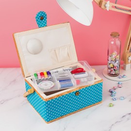 Navaris Sewing Box Sewing Box Sewing Case for Handmade - Basket with Practical Carry Handle - Handmade Basket with Sewing Accessories - Dots Design