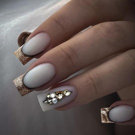 Fall Press on Nails Medium Square Fake Nails Milk White False Nails with Rhinestone Designs Full Cover Stick on Nails Gold Glitter French Tip Nails for Women and Girls 24 Pcs Fall Nails