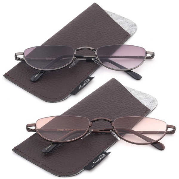 2 Pack Half Moon Shaped Frame Reading Glasses Spring Hinge Flat Top Slim Frame Men Women Tinted Outdoor Reading Glasses with Pouch +1.25