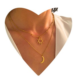 NataschaWoge® Sun Moon Minimalist Jewellery Stainless Steel Gold Silver Chain Necklace + Pendant Gift for Her Hollow Sun Gold Chain, Stainless Steel