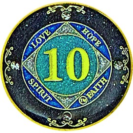 (1-50 Years) NA 10 Year Crystals and Glitter Medallion, Golden Color Plated Coin, Black Rainbow, Blue Glitter and Four Clear Crystals (NA 10 Year Crystals and Glitter, Gold Color Medallion)