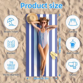 Ainiv Large Beach Towel, 80 * 180cm Double Sides Striped Sand Free Pool Towel, Soft and Lightweight Sport Yoga Towel with Bag, Microfibre Quick Dry Swimming Towel for Women Men, Bath, Travel, Sports