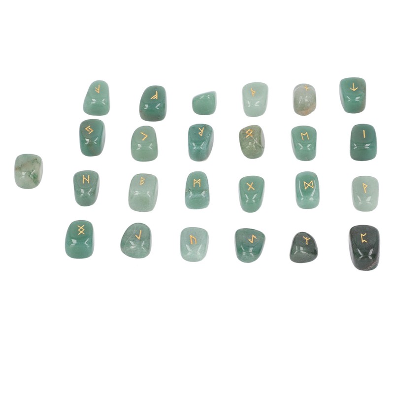 25pcs Rune Stones Set Hand Carved Polished Green Aventurine Portable