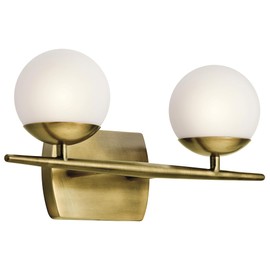 Kichler Jasper 16.5" Halogen Vanity Light in Natural Brass, 2-Light Mid Century Bathroom Vanity with Satin Etched Cased Opal Glass, ("16.5" W x 7.75" H), 45581NBR