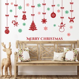 Christmas Hanging Wall Decals Peel and Stick Bows Tree Ornaments Wall Mural Art Red and Green Snowflakes Wall Stickers for Bedroom Livingroom Christmas Party Decoration (Red)