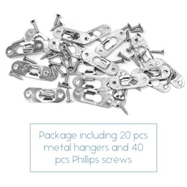 Framendino, 20 Pack Silver Metal Single Keyhole Hangers with Screws Hanger Fasteners Picture Hanging Bracket Plate for Mirror Frames 43 mm x 16mm