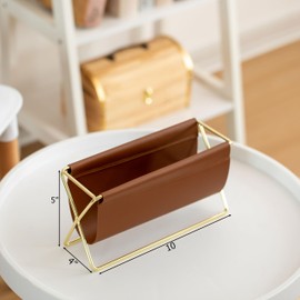 Fabulaxe Contemporary & Classic Gold-Tone Metal Magazine Holder Spacious Brown Faux Leather Compartments for Organizing Magazines Newspapers & Files Ideal in Living Rooms Offices and Reading Corners