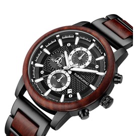 XIRUVE Wooden Quartz Wooden Watch for Men Date Chronograph with Gift Box, red, Bracelet