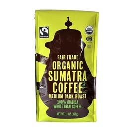 Trader SUMATRA Whole Bean Coffee 100% Arabica USDAOrganic/FairTrade/Kosher Pareve Certified 13oz (Organic Sumatra)