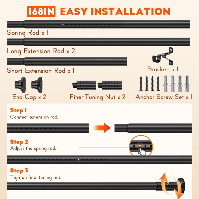ZYKORT Tension Curtain Rod No Drilling 45-168 In, Black Outdoor