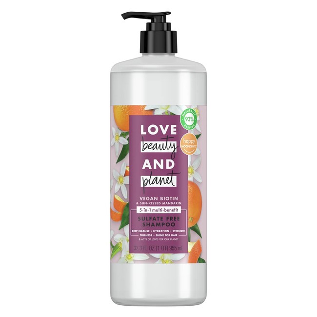 Love Beauty and Planet Sulfate-Free Shampoo Deep Cleanse, Hydrate, Strengthen, Volumize & Shine Vegan Biotin & Sun-Kissed Mandarin 5-in-1 Multi-Benefit Nourishing Shampoo 32 oz