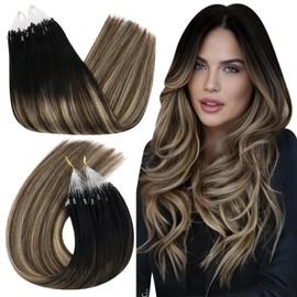 Ugeat Micro Link Human Hair Extensions Balayage Micro Beads Human Hair Extensions Natural Black to Dark Brown Mix Caramel Brown Ombre 24 Inch 50G 50S