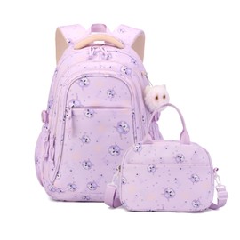 Purple Cat Kids Backpack Set for Girls with Lunch Bag Bookbag for Kindergarten Elementary School Pre Girls School Bag