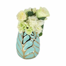8" Ceramic Leaf Vase - Creative Decorative Vase in Light Teal with Gold Accent - Home or Office Table Decor for Floral Arrangements