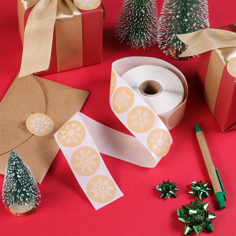 1000 Pieces Multiple Snowflakes Christmas Stickers Natural Kraft White Snowflake