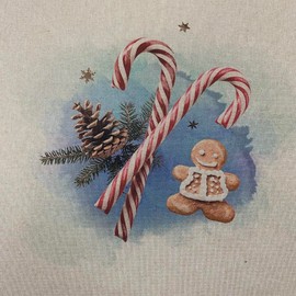 Christmas Linen Look Digital Print Fabric Panel 18" Square 45cm - Per Panel (Gingerbread Man and Candy Cane)