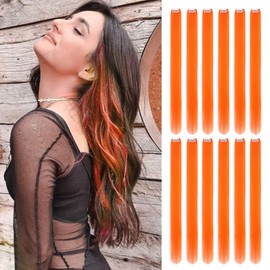 Wodelanle 12 PCS Colored Orange Hair Extensions - 24 Inch Straight Synthetic Clip in Hairpiece for Kids, Girls, Women - Party Highlights