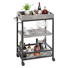 IDEALHOUSE Bar Cart, Bar Carts for The Home, Bar Carts on Wheels, 3 Tier Bar Cart with Wine Rack, Wheel Locks (Grey)