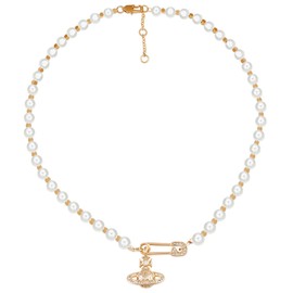 AGOUZI Gold Silver Saturn Pearl Necklace for Women White Shell Pearl Choker Pearl Jewelry Crystal Rhinestone Saturn Necklace for Mum Wife Charm Lady(Rose Gold Saturn&Paperclip)