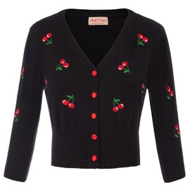 Belle Poque Women's 3/4 Sleeve V-Neck Button Down Cherries Embroidery Cropped Cardigan Sweater Coat Black L