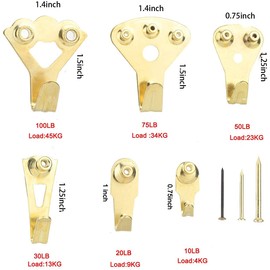 Picture Hangers, 120 Pieces Professional Photo Frame Hooks, Heavy Duty Picture Hanging Kit with Nails for Wall Mounting, Holds 10-100 lbs,Golden