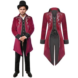 QEKFDOV Men's Medieval Steampunk Tailcoat Jacket, Gothic Tailcoat Jacket, Coat, Renaissance Retro Victorian Yard Embroidery Coat Vampire Cosplay, red, 3 XL