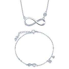 CPSLOVE Necklace and Bracelets for Women Girls, 925 Silver Jewellery Sets, Infinity Symbol Chain Pendant, Easy Adjustable Bracelet, Inlaid Zircon, Cubic Zirconia
