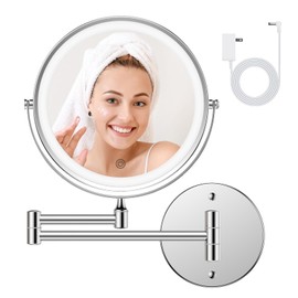 FASCINATE Rechargeable Wall Mounted Makeup Mirror with Lights and Magnification, 8 Inch Double Sided 1X 10X Magnifying Bathroom Mirror with 3 Color Lights & 360° Rotation Vanity Mirror - Chrome