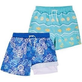 BIG ELEPHANT Pack of 2 Boys' Swimming Shorts with Compression Lining, UPF 50+ UV Protection, Quick Drying, Comfortable Swimming Shorts for Children, Shell Green/Leaves Blue, Ages 12 - 13