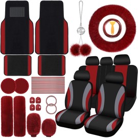ROCEEI 47 Pcs Car Seat Cover Full Set Car Accessories for Front Rear Seat Fluffy Steering Wheel Cover Belt Automotive Floor Mats Air Conditioner Decoration Strip(Wine Red)