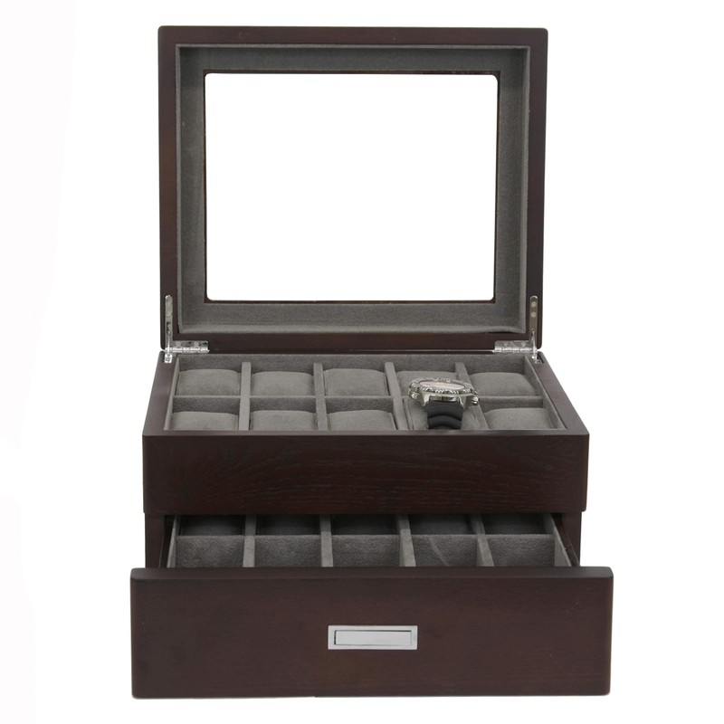Tech Swiss Watch Box for 20 Espresso Grain Brown Solid