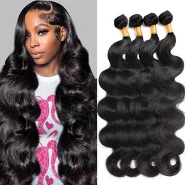 rao 12A Body Wave Bundles Human Hair 100% Unprocessed Brazilian Raw Hair Weave Bundles Human Hair 22 24 26 28 Inch 4 Bundles Double Weft Deals Hair Extensions Real Human Hair Natural Black For Women