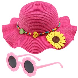 Girls Straw Hat with Flower Round Sunglasses, Summer Foldable Large Brim Sunflower Bowknot Beach Toddler Straw Sun Hat, 2-6T (Hot Pink)