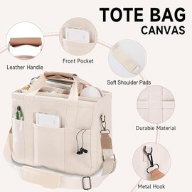 ZDLNYF Women's Canvas Tote Bag with Pockets Large Capacity Crossbody Shoulder Bag Multi-pocket Handbags Practical Mommy bag (White)