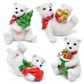 Christmas Polar Bear Figurines Table Top Decor Set of 4 Resin Mini Xmas White Bears Centerpiece Holiday Tabletop Figures for Indoor Fireplace Mantle Desk Shelf Home Party Supplies Decorations