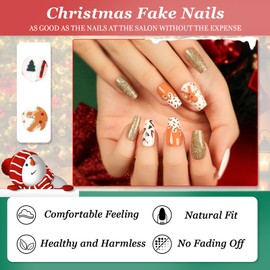 Ceboic Pack of 24 Christmas Press On Nails Short, Ballerina French Gold Shiny Artificial Nails, Acrylic Nails for Sticking with Christmas Tree, Full Cover Fingernails, Fake Nails for Women