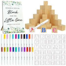 Geeday 111 Pcs Baby Shower Game Blocks to Decorate, Includes 36 Stencils 50 Wooden Blocks 24 Acrylic Markers - Plain Wooden Blocks Great for Baby Shower Activities for Guests