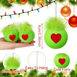HyDren 16 Pcs Christmas Lime Green Velvet Balls for Tree 2.4 Inch Flocked Green Hanging Ornaments with Red Heart Decorations Xmas Round Pom Pom Balls for Indoor Home Decor Holiday Party Supplies