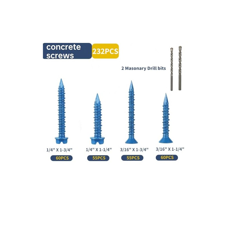 Kit de surtido de 232 piezas de tornillos para concreto