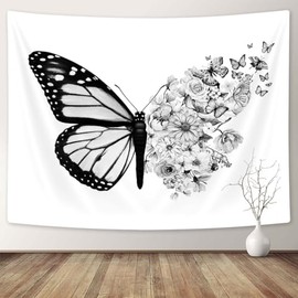 Black White Butterfly Tapestry Wall Hanging, Full Bloom Floral Retro Butterflies Tapestries, Flowers Aesthetic Tapestry Wall Art for Girls Bedroom Dorm Abstract Home Room Wall Decoration