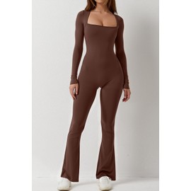 QINSEN Women Square Neck Long Sleeve Jumpsuit Casual Wide Leg Long Pants Romper Coffee Brown M